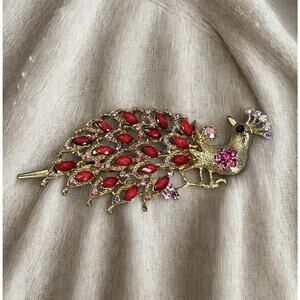 Decorative Red Rhinestone Peacock Fashion Hair Clip Gold Toned